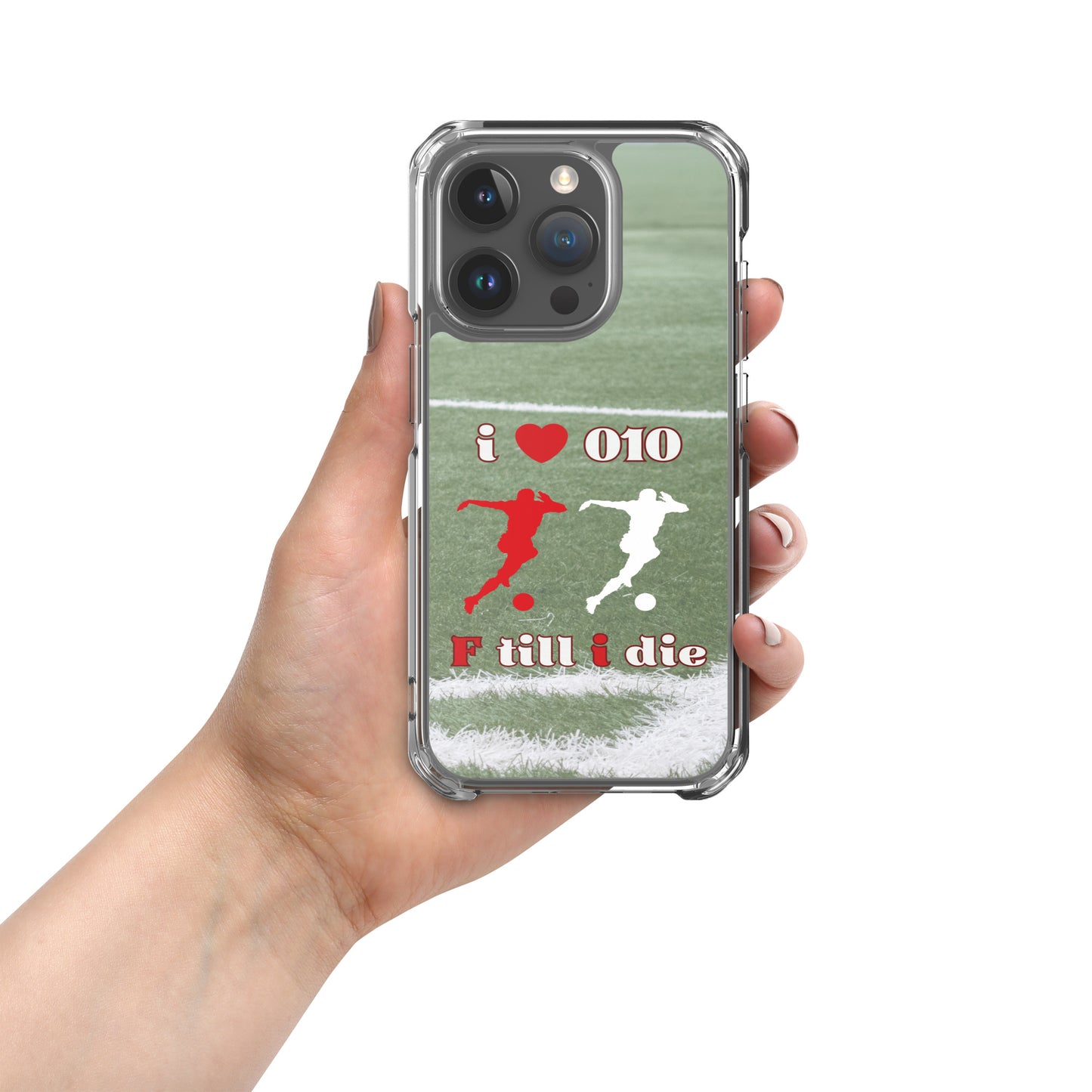 Feyenoord iPhone-hoesje met I Love 010, F Till I Die ontwerp, met voetballers in rood en wit op een groen veld, perfect voor Feyenoord-fans.