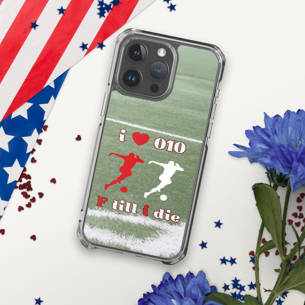 Feyenoord iPhone-hoesje met I Love 010, F Till I Die ontwerp, met voetballers in rood en wit op een groen veld, perfect voor Feyenoord-fans, naast Amerikaanse vlag en blauwe bloemen.