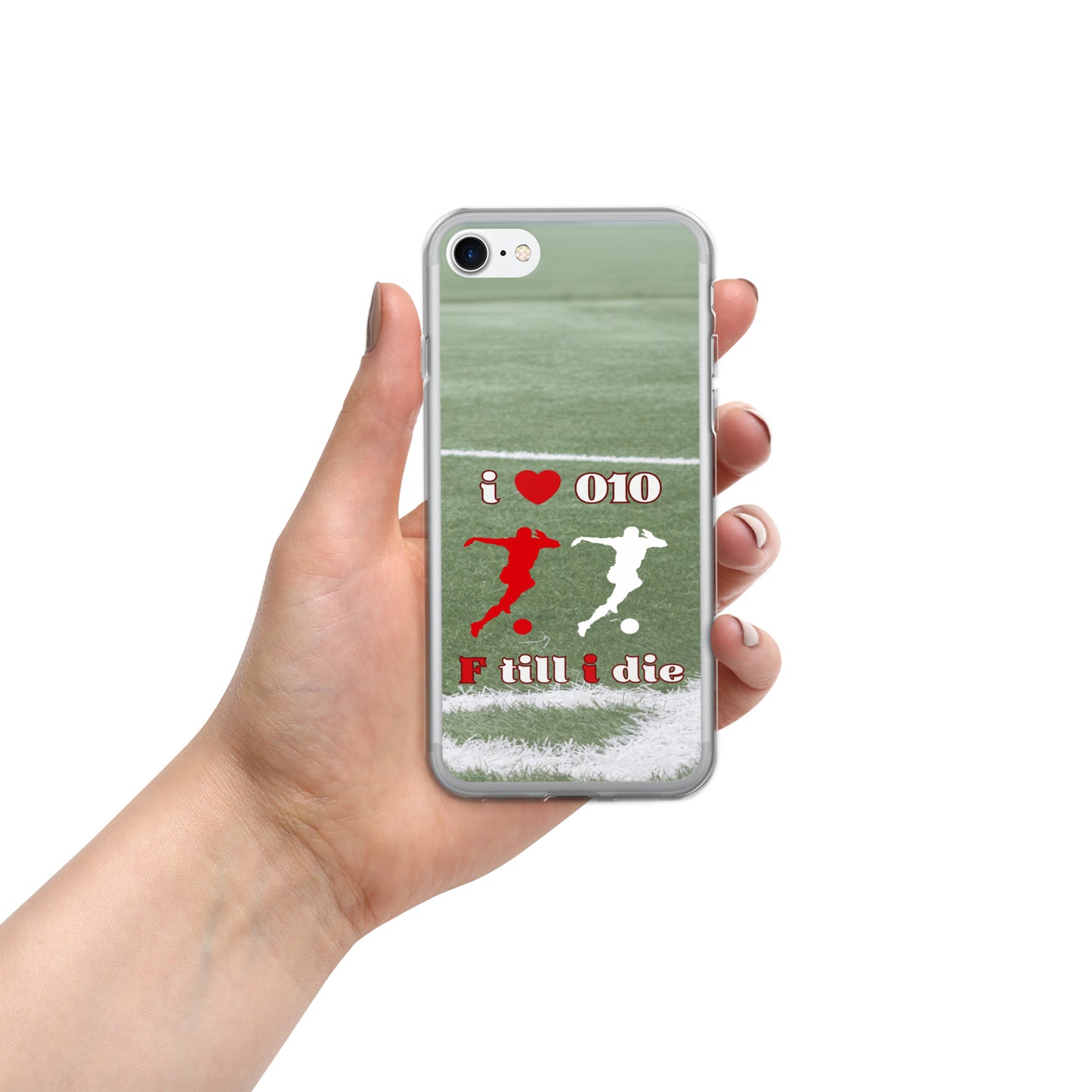 Feyenoord iPhone case with I Love 010, F Till I Die design, showing football players in red and white on a green field, perfect for Feyenoord fans.