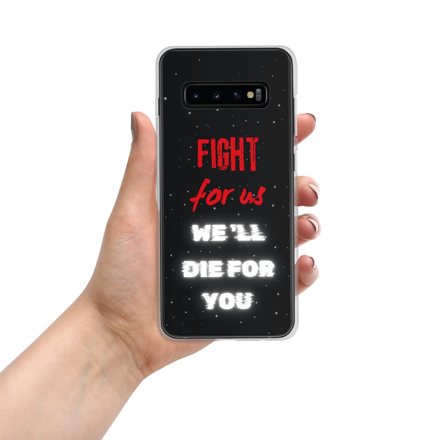 Feyenoord beschermhoesje voor Samsung met 'Fight for Us, We'll Die for You' tekst in rood en wit op zwarte achtergrond