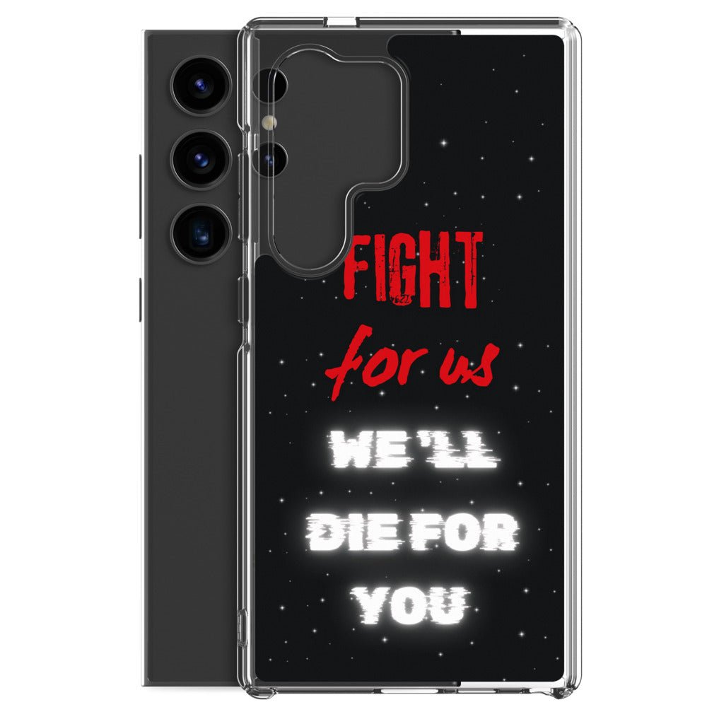 Feyenoord telefoonhoesje met de tekst 'Fight for us, we'll die for you' tegen een witte achtergrond, passend op een moderne smartphone.