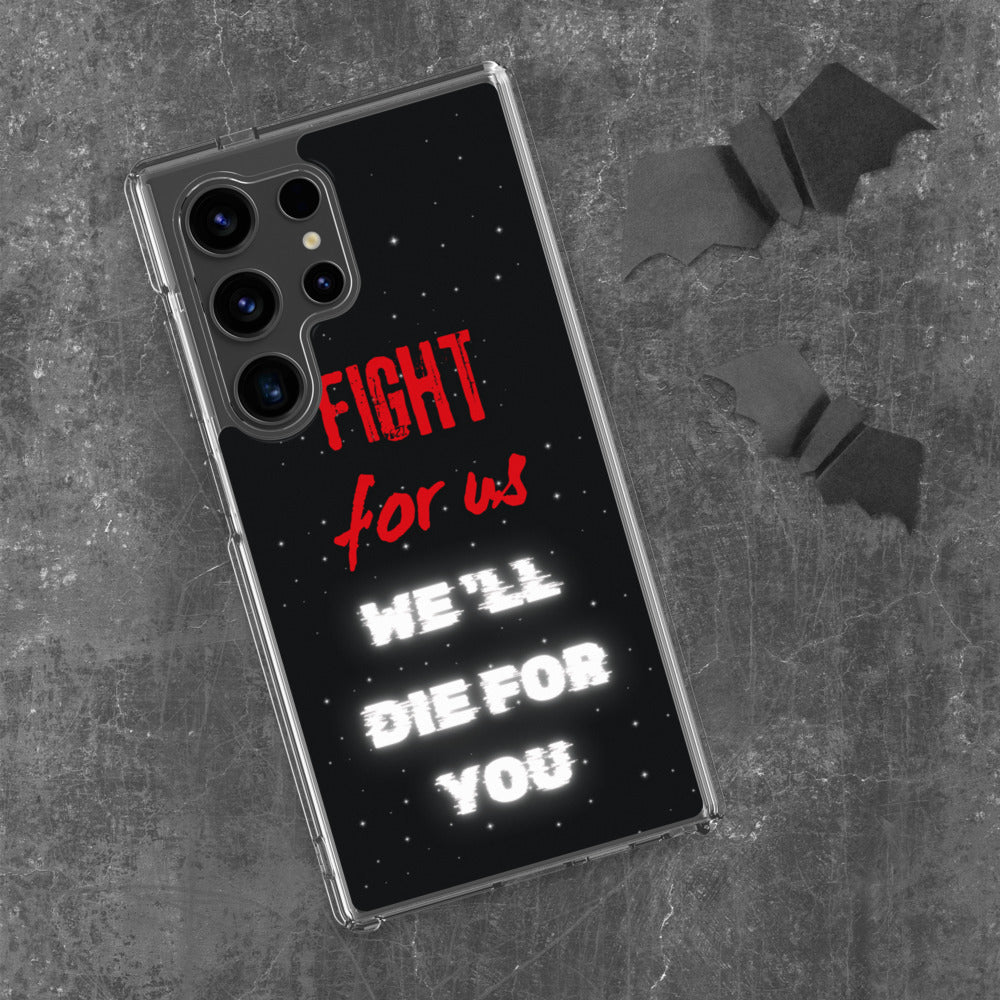 Feyenoord telefoonhoesje met de tekst 'Fight for us, we'll die for you' op een grijze betonnen ondergrond met zwarte papieren vleermuizen.