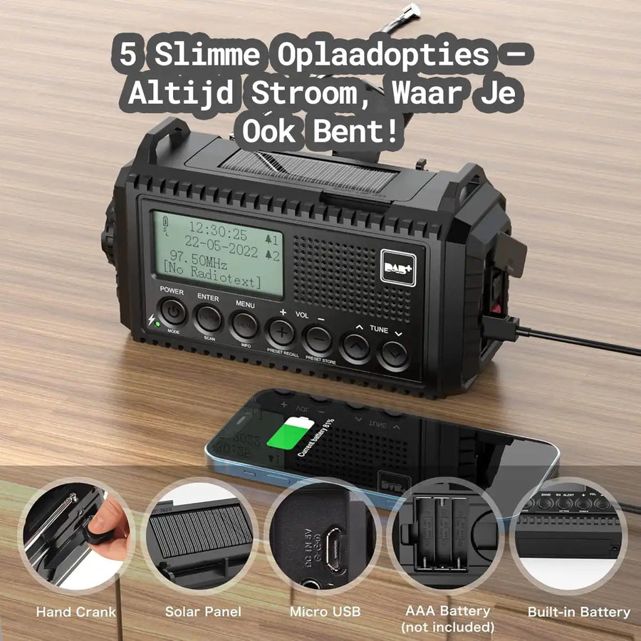 DAB+ noodradio met 5 oplaadopties – dynamo, zonnepaneel, USB, AAA-batterijen & ingebouwde accu