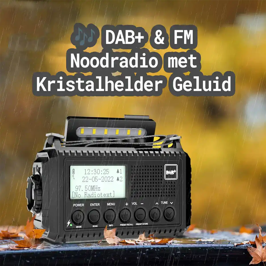 DAB+ noodradio met 105 dB SOS-alarm en fel rood signaallicht, kristalhelder geluid