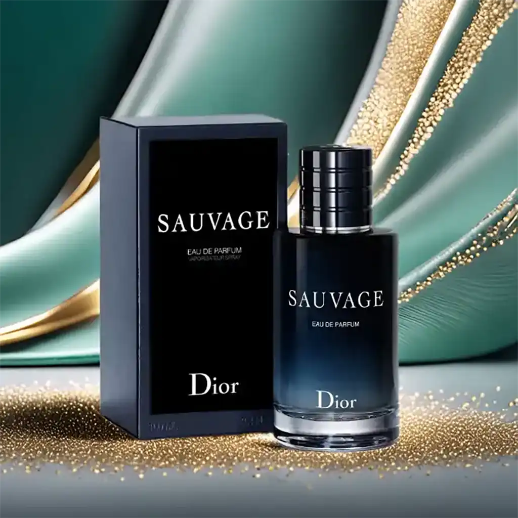 Dior Sauvage flesje en doos met emeraldgroene achtergrond en gouden sprankels