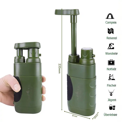 Draagbare outdoor waterfilter met filter, slangen en opbergtas, ideaal voor survival en nood