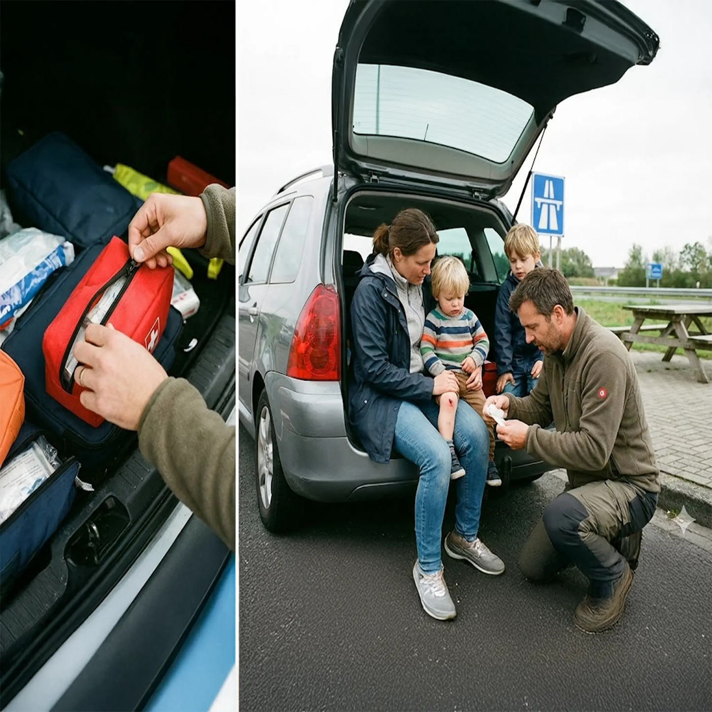 EHBO-kit in auto kofferbak en gezin op snelweg parkeerplaats - vader verzorgt kind met eerste hulp onderweg