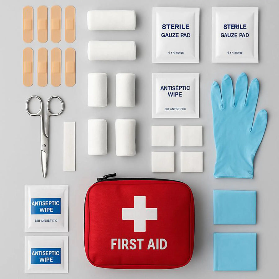 EHBO-kit inhoud overzicht: pleisters, schaar, gaaskompressen, ontsmettingsdoekjes, handschoenen en verband