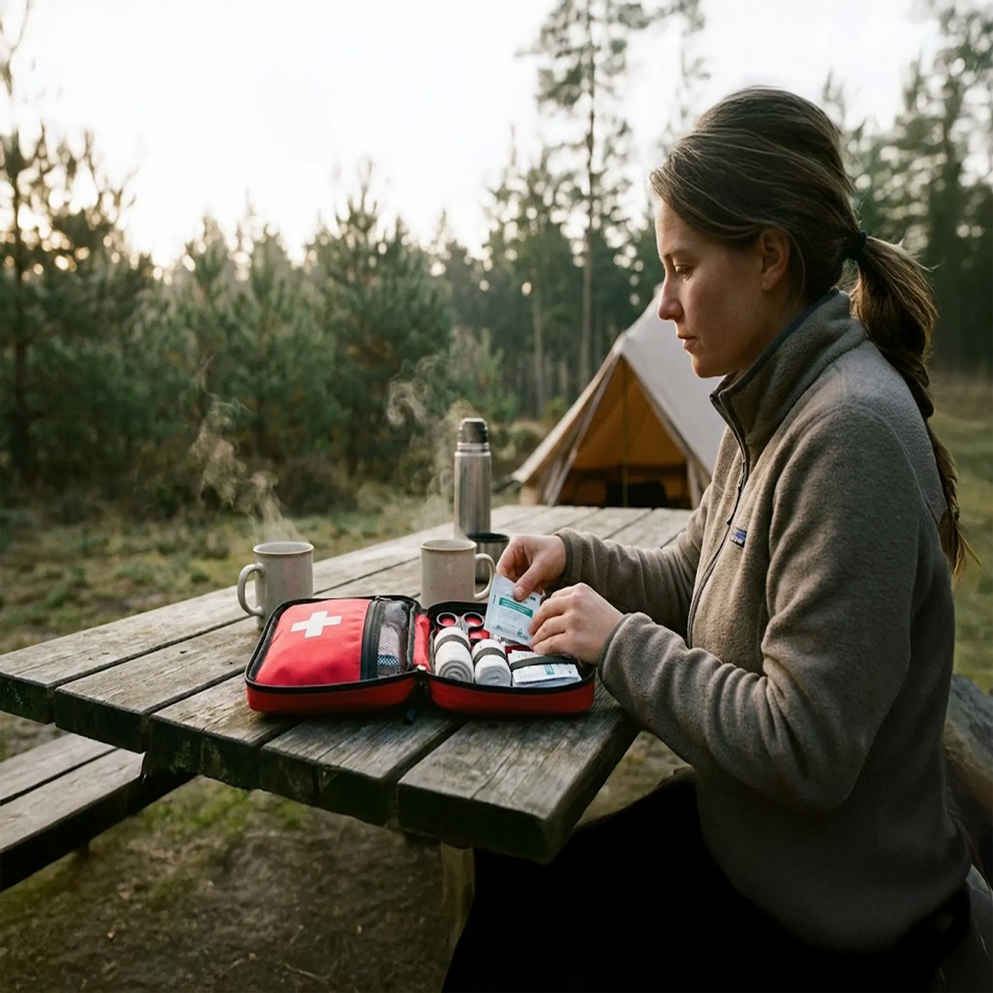 Persoon bij een tent op de camping gebruikt een open EHBO-kit op een picknicktafel in de natuur.