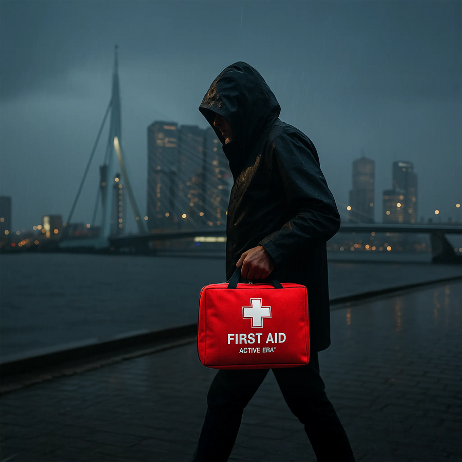 Active Era EHBO-koffer gedragen in Rotterdam met Erasmusbrug op achtergrond - rode EHBO-kit voor onderweg