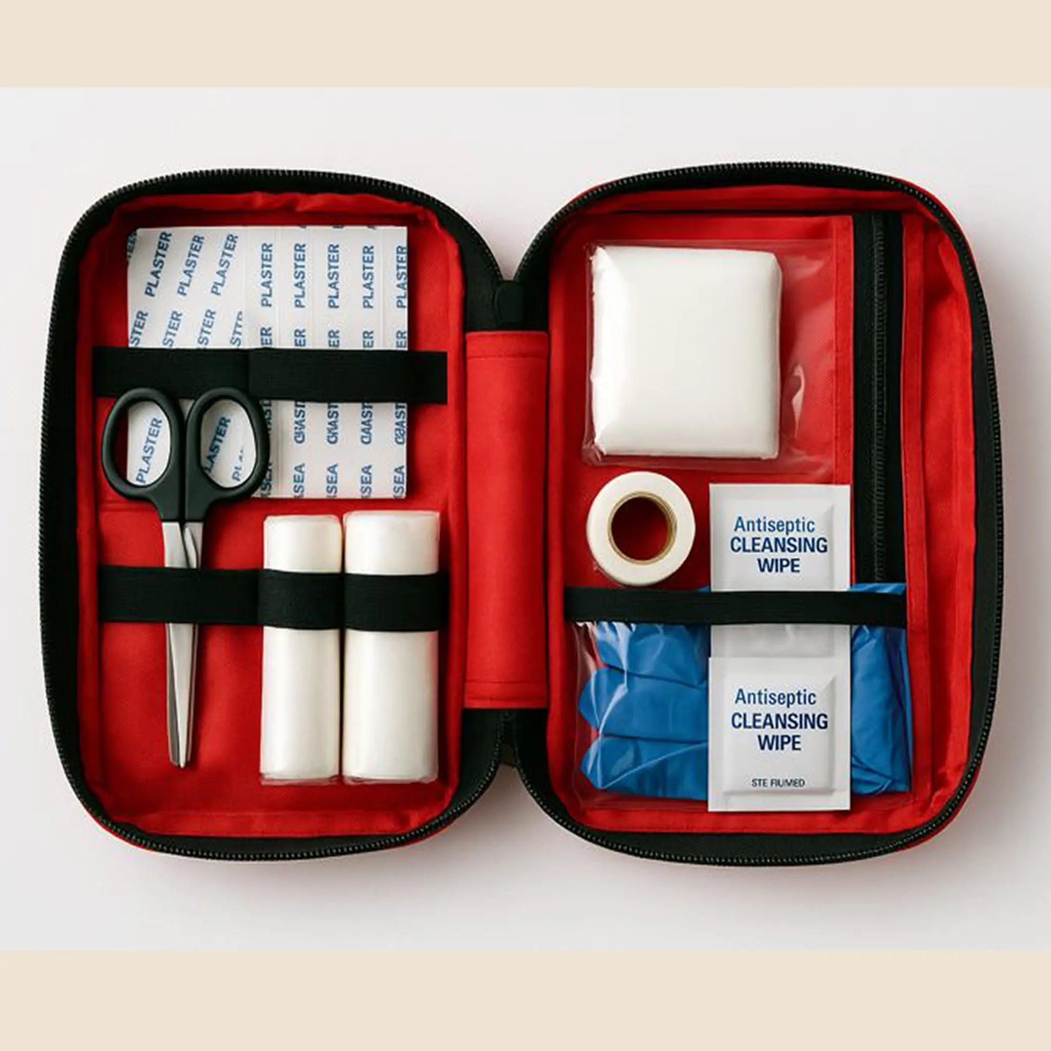 Open EHBO-koffer met georganiseerde inhoud: pleisters, schaar, verband en handschoenen