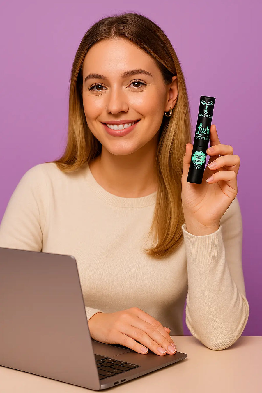 Vrouw toont Essence Lash Princess mascara met glimlach voor paarse achtergrond