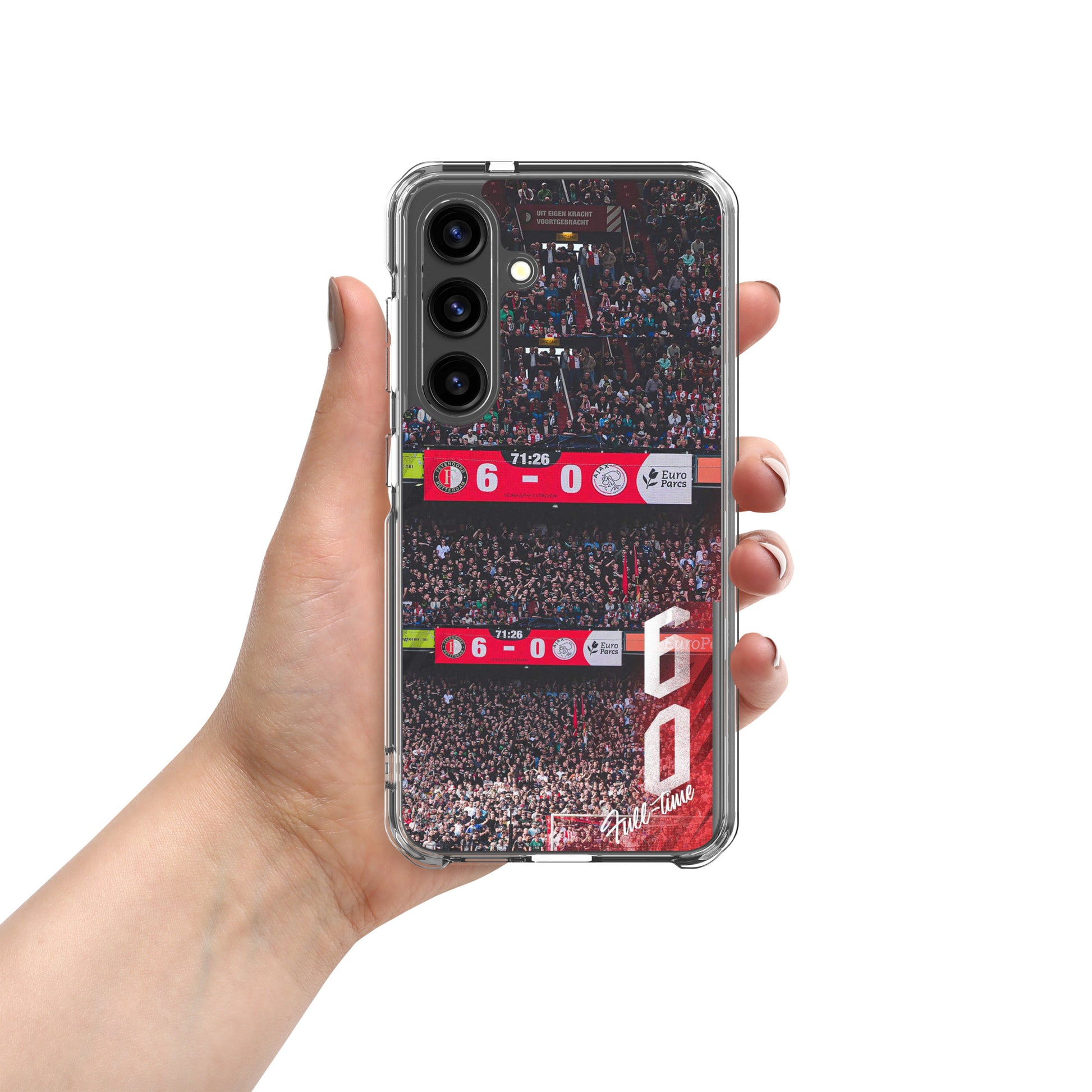 Feyenoord 6-0 overwinning telefoonhoesje voor Samsung, hand houdt hoesje vast