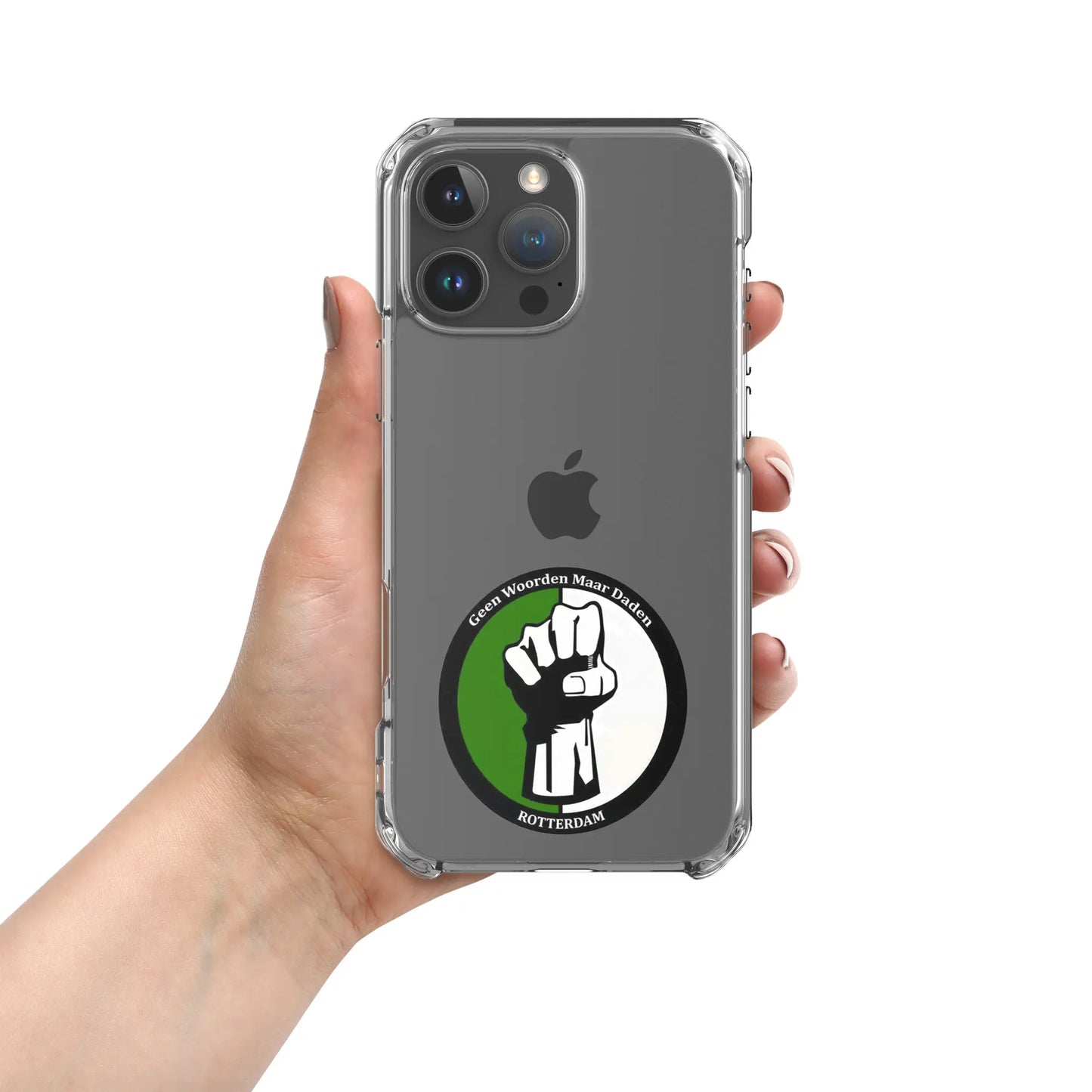 Feyenoord iPhone 16 hoesje met Geen Woorden Maar Daden logo, transparante achterkant, en sterke bescherming.