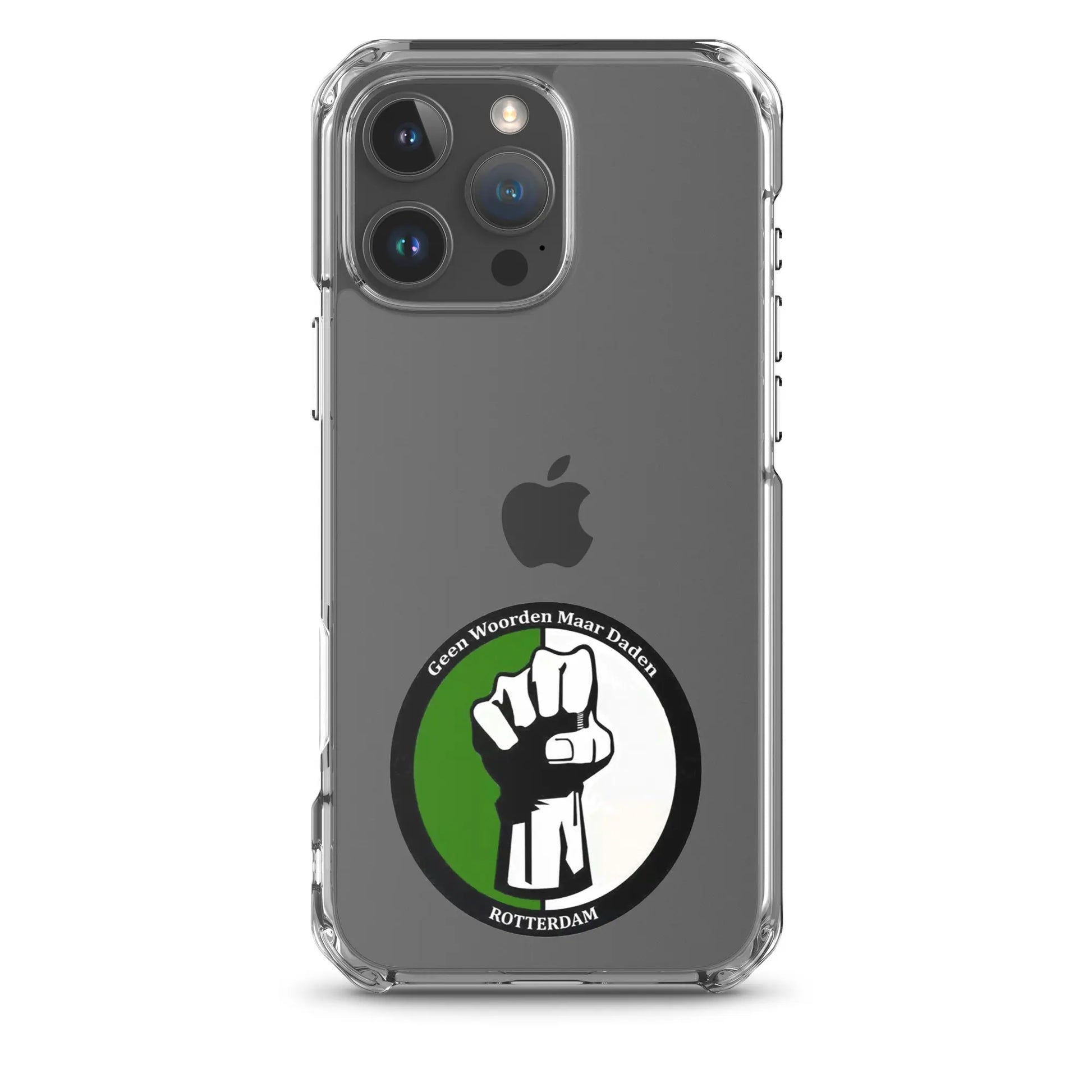 Feyenoord iPhone 16 hoesje met Geen Woorden Maar Daden logo, sterke bescherming met verhoogde randen.