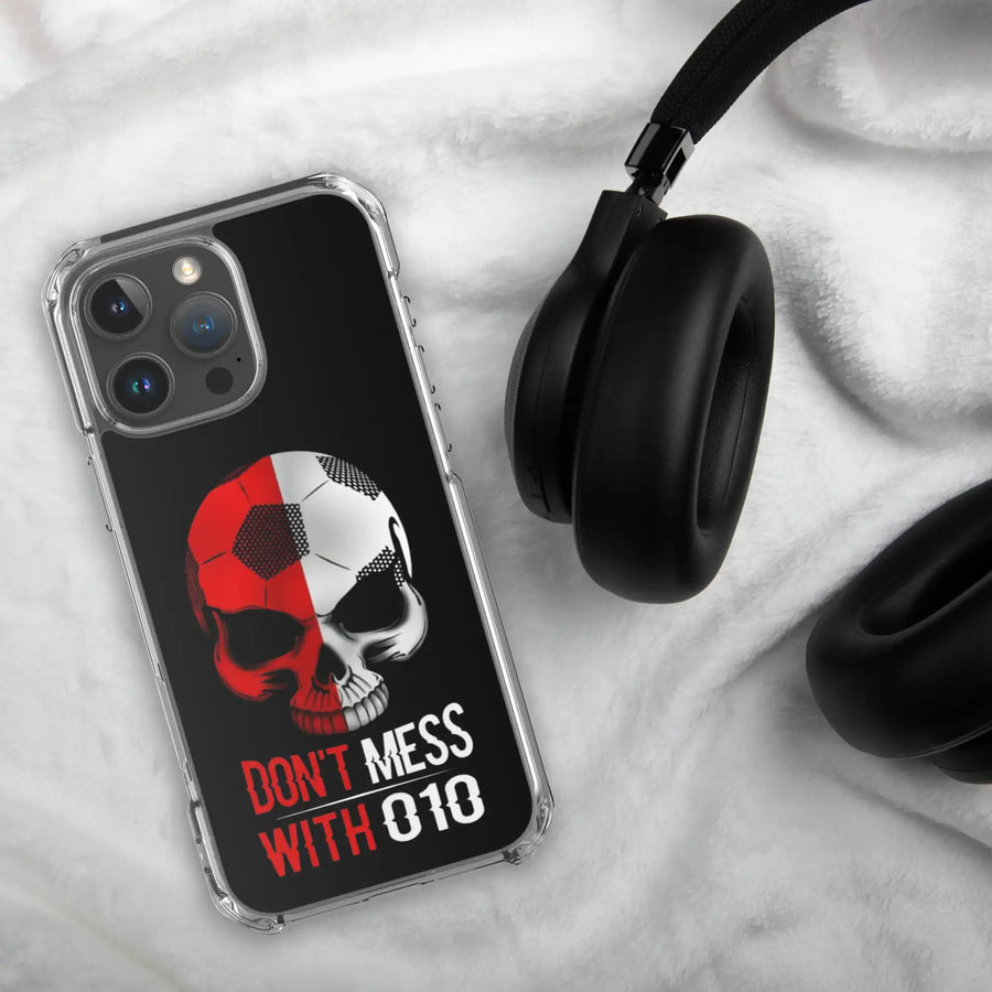 Feyenoord telefoonhoesje iPhone met rood-wit schedelontwerp op witte achtergrond.