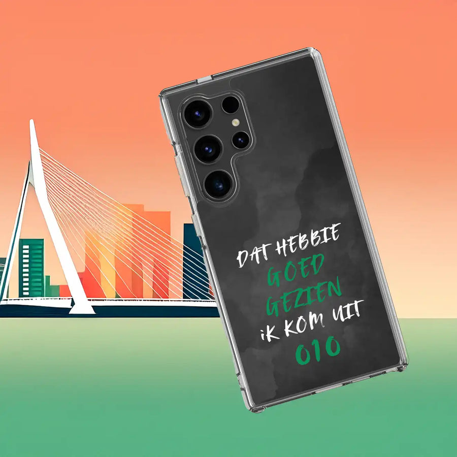 Feyenoord telefoonhoesje Samsung met tekst "Dat Hebbie Goed Gezien", skyline Rotterdam