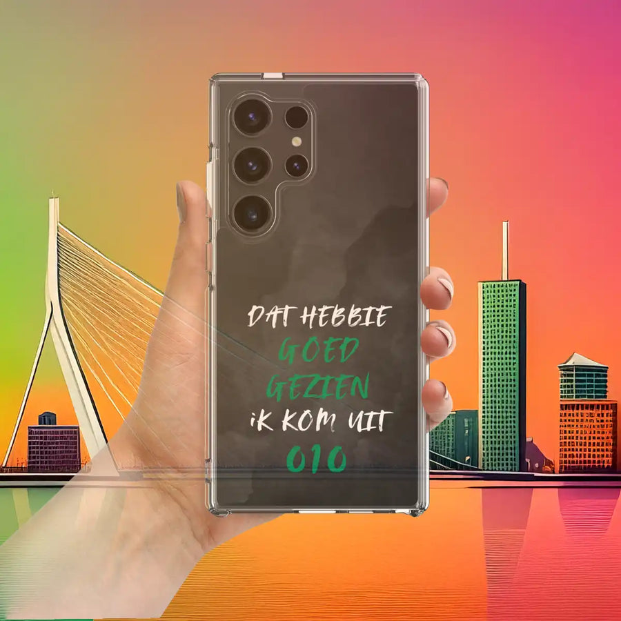 Feyenoord telefoonhoesje Samsung met tekst "Dat Hebbie Goed Gezien", Rotterdam Erasmusbrug,