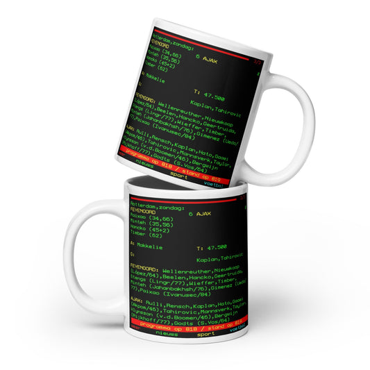 Twee collectors mokken met de legendarische 6-0 zege van Feyenoord tegen Ajax, weergegeven als digitale wedstrijdsamenvatting, gestapeld op een witte achtergrond.