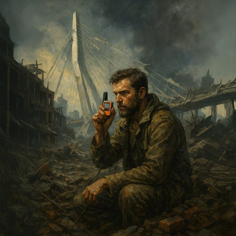 Man gebruikt Garmin inReach Mini 2 satellietcommunicatie-apparaat in verwoeste post-apocalyptische stad met Erasmusbrug Rotterdam op de achtergrond