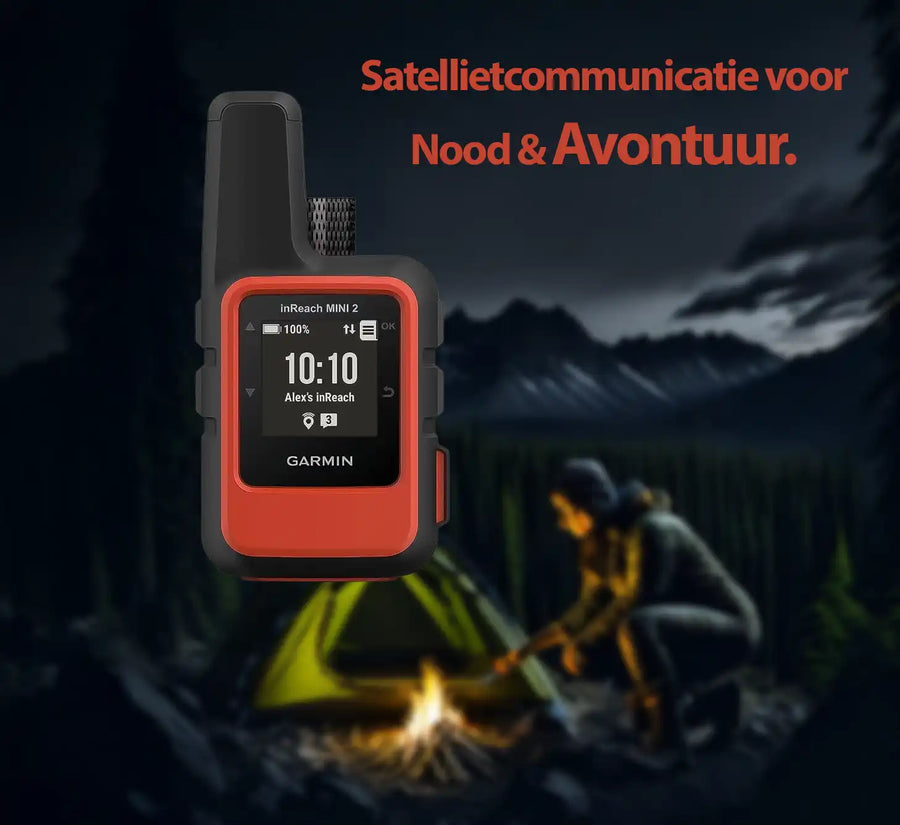 Garmin inReach Mini 2 voor satellietcommunicatie in nood en avontuur, met survival kamp op achtergrond