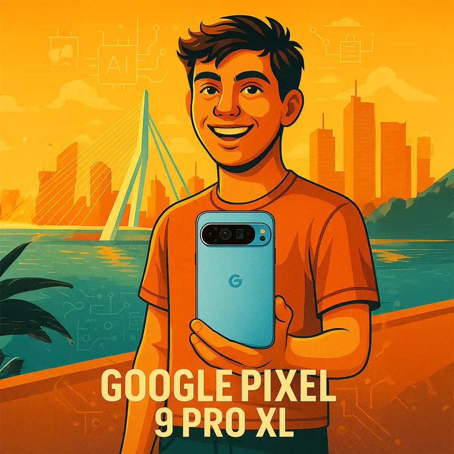 Jongen met Google Pixel 9 Pro XL smartphone voor skyline en Erasmusbrug in Rotterdam