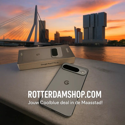 Google Pixel 9 Pro XL aanbieding bij Rotterdamshop.com met Coolblue deal, skyline en Erasmusbrug Rotterdam