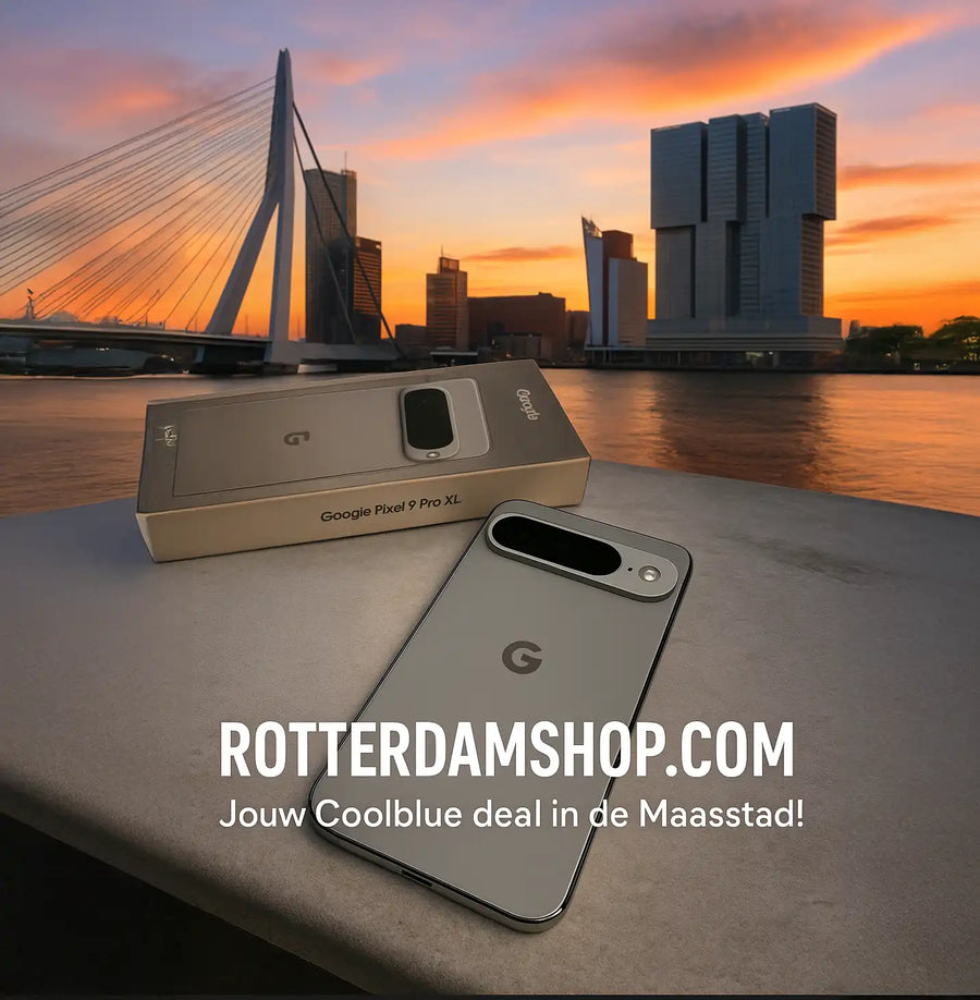 Google Pixel 9 Pro XL aanbieding bij Rotterdamshop.com met Coolblue deal, skyline en Erasmusbrug Rotterdam