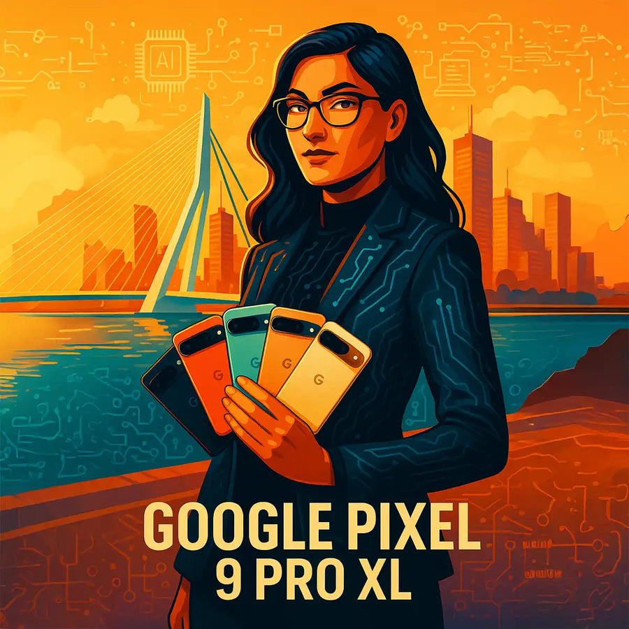 Vrouw met Google Pixel 9 Pro XL smartphones in kleuren voor skyline van Rotterdam