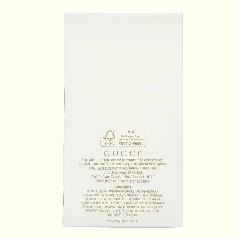 Achterzijde verpakking van Gucci Guilty Eau de Parfum 90 ml - FSC-gecertificeerd en productdetails