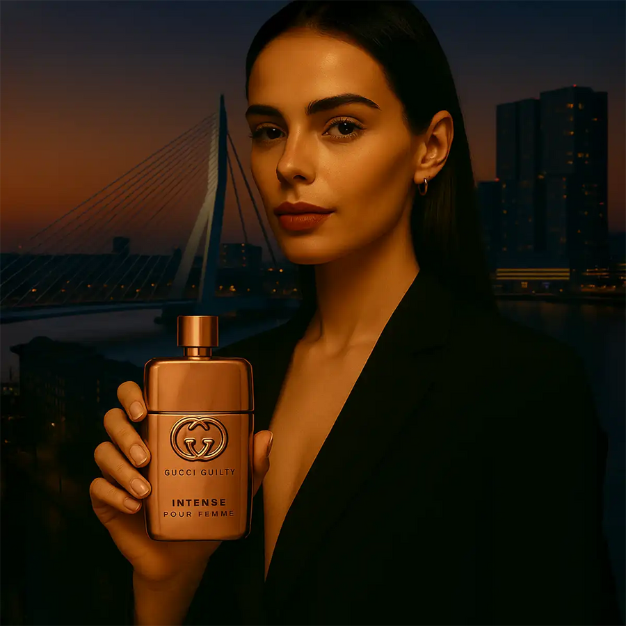 Vrouw met Gucci Guilty Intense parfum voor Rotterdam skyline