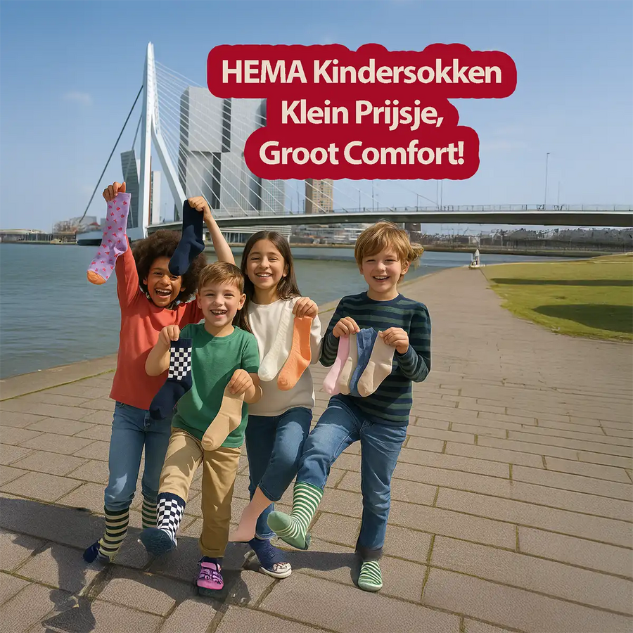 Blije kinderen met HEMA kindersokken voor de Erasmusbrug in Rotterdam, promotie klein prijsje comfort