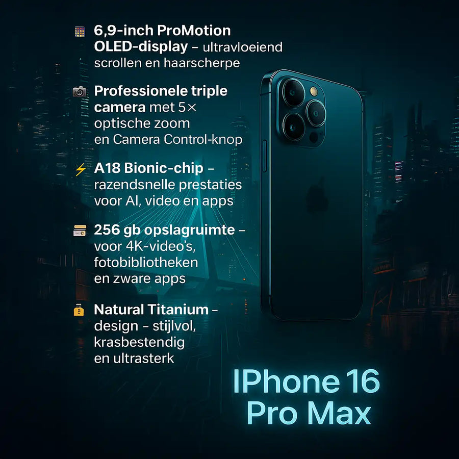 Infographic iPhone 16 Pro Max met specs zoals AI-chip, 5× zoom camera en titanium design