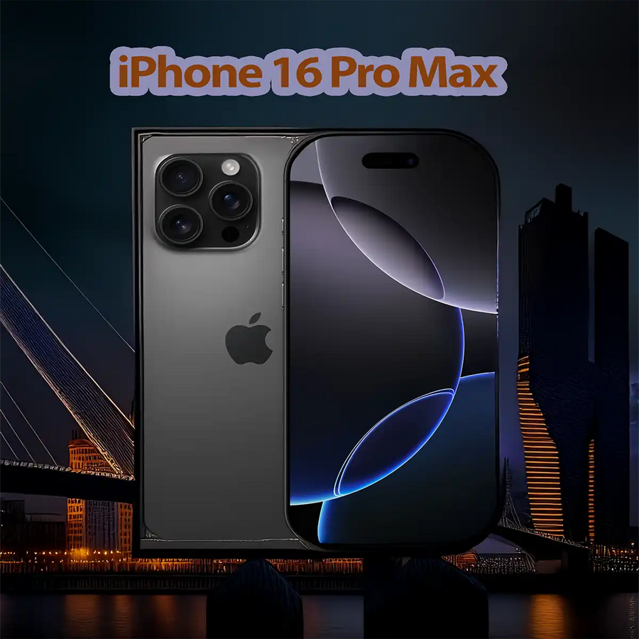 Zwarte iPhone 16 Pro Max voor de Erasmusbrug in Rotterdam bij avondlicht
