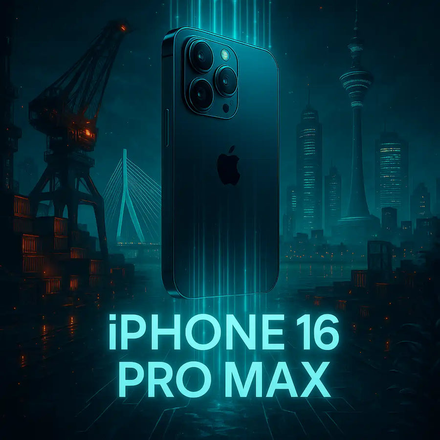 iPhone 16 Pro Max zweeft in futuristisch Rotterdam met skyline en neonverlichting 