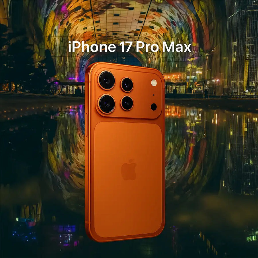 iPhone 17 Pro Max oranje voor Markthal Rotterdam gekleurde architectuur reflectie