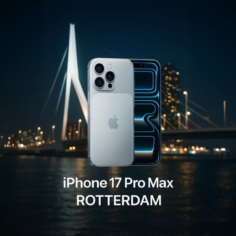 iPhone 17 Pro Max zilver voor Erasmusbrug Rotterdam met verlichte skyline professionele productfoto Coolblue