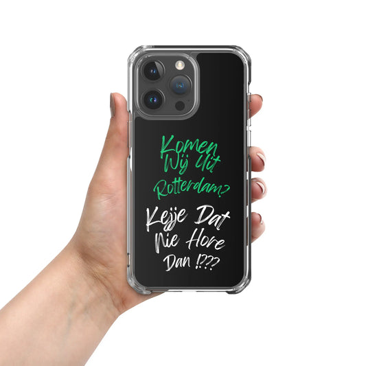 Feyenoord iPhone hoesje voor iPhone 11 t/m iPhone 16 met groene tekst 'Komen wij uit Rotterdam?' – held in hand, perfect voor Feyenoord fans.