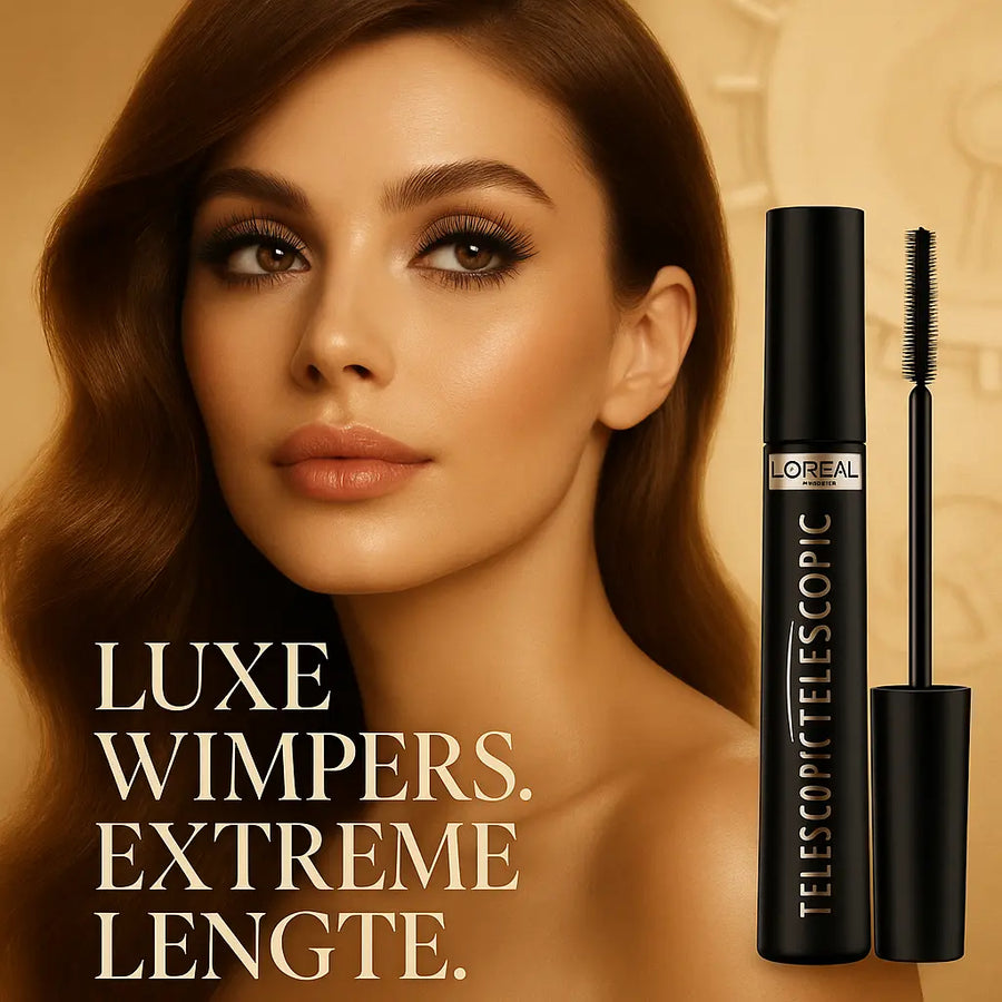 L’Oréal Telescopic Lift mascara met model en lange wimpers op warme luxe achtergrond