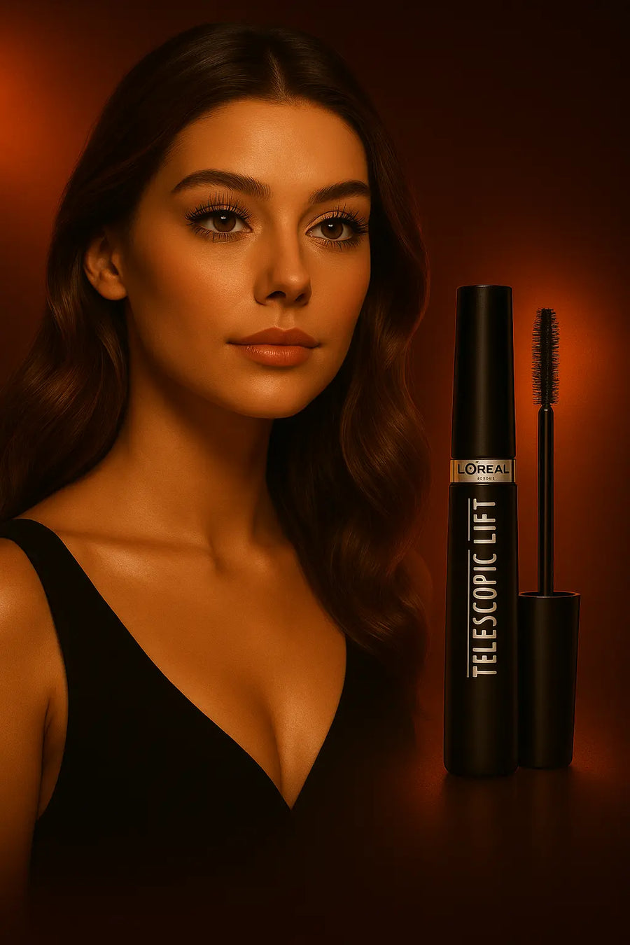 Loreal Telescopic Lift mascara naast model met lange wimpers op luxe oranjebruine achtergrond