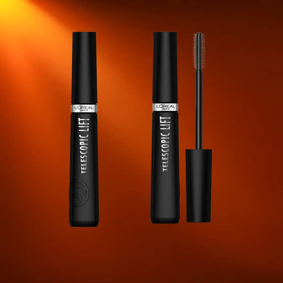 Loreal Telescopic Lift mascara met borstel op oranje spotlight achtergrond, luxe presentatie