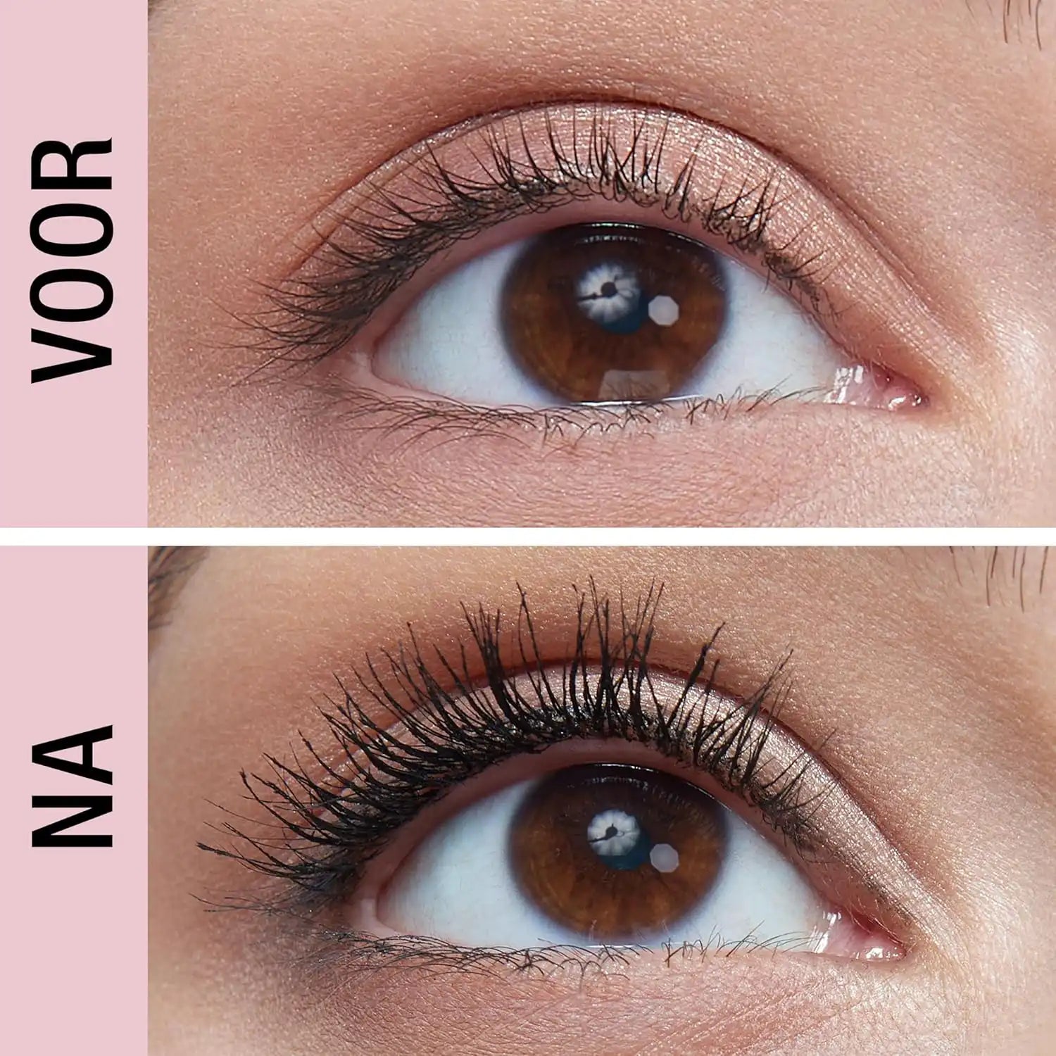 Voor en na resultaat van Maybelline Sky High Mascara met zichtbaar langere en vollere wimpers