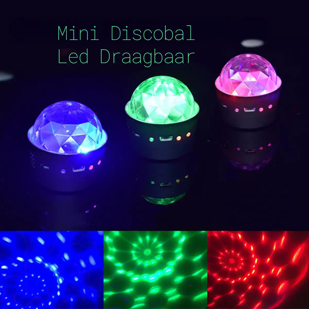 Mini Discobal LED in drie kleuren (blauw, groen, roze) met bijbehorende lichtprojecties