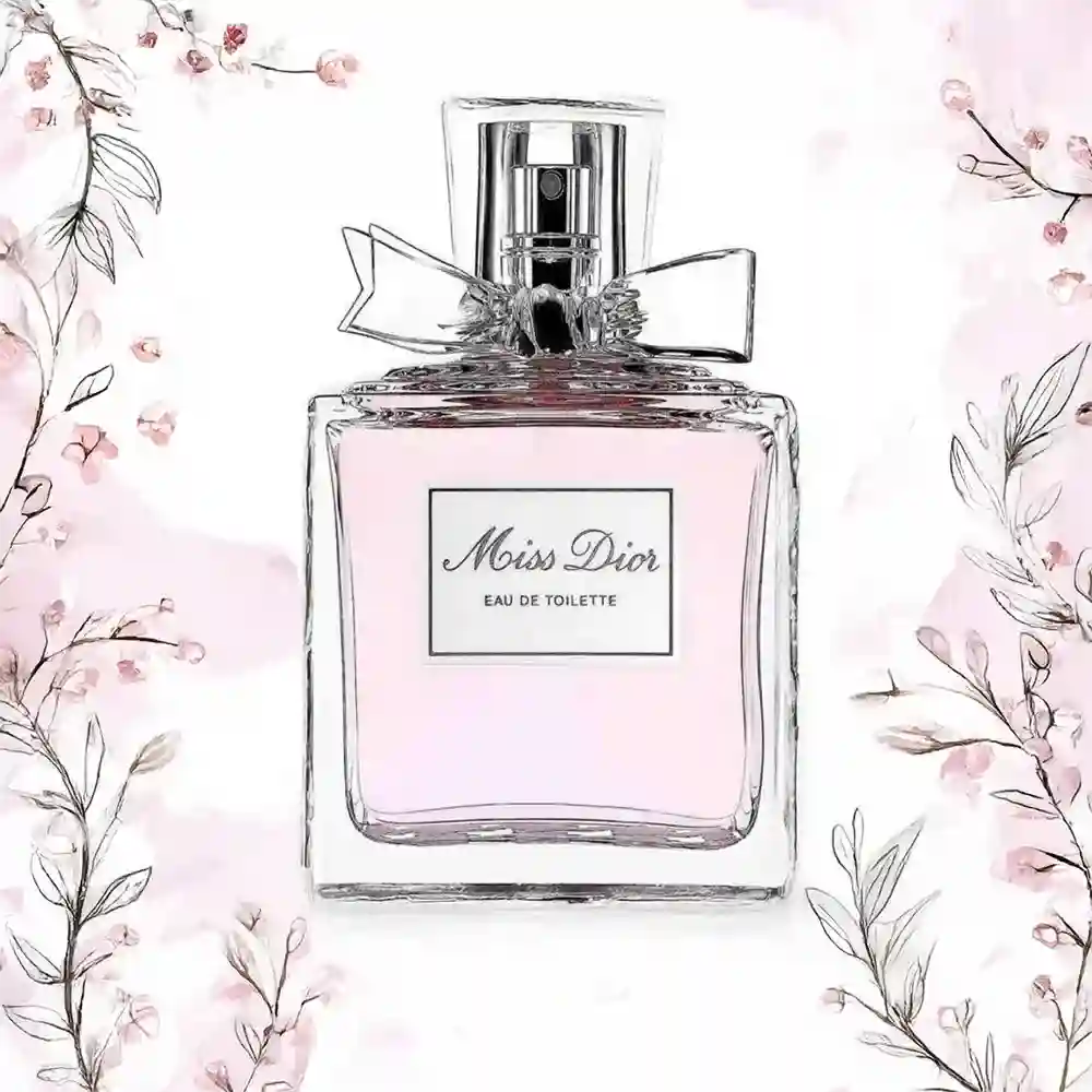 Miss Dior Eau de Parfum 100ml – Luxe fles met roze parfum en bloemenillustratie op de achtergrond