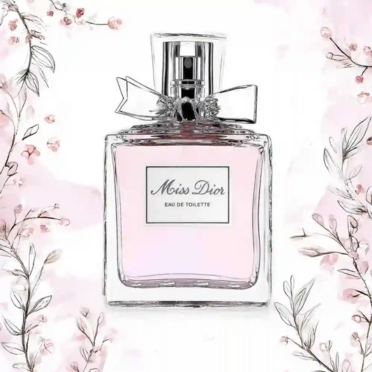 Miss Dior Eau de Parfum 100ml – Luxe fles met roze parfum en bloemenillustratie op de achtergrond