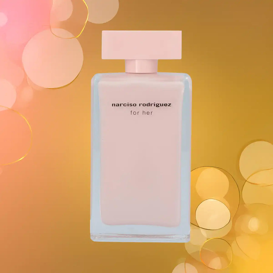 Narciso Rodriguez For Her aanbieding - Parfum 100 ml met roze flacon en gouden achtergrond