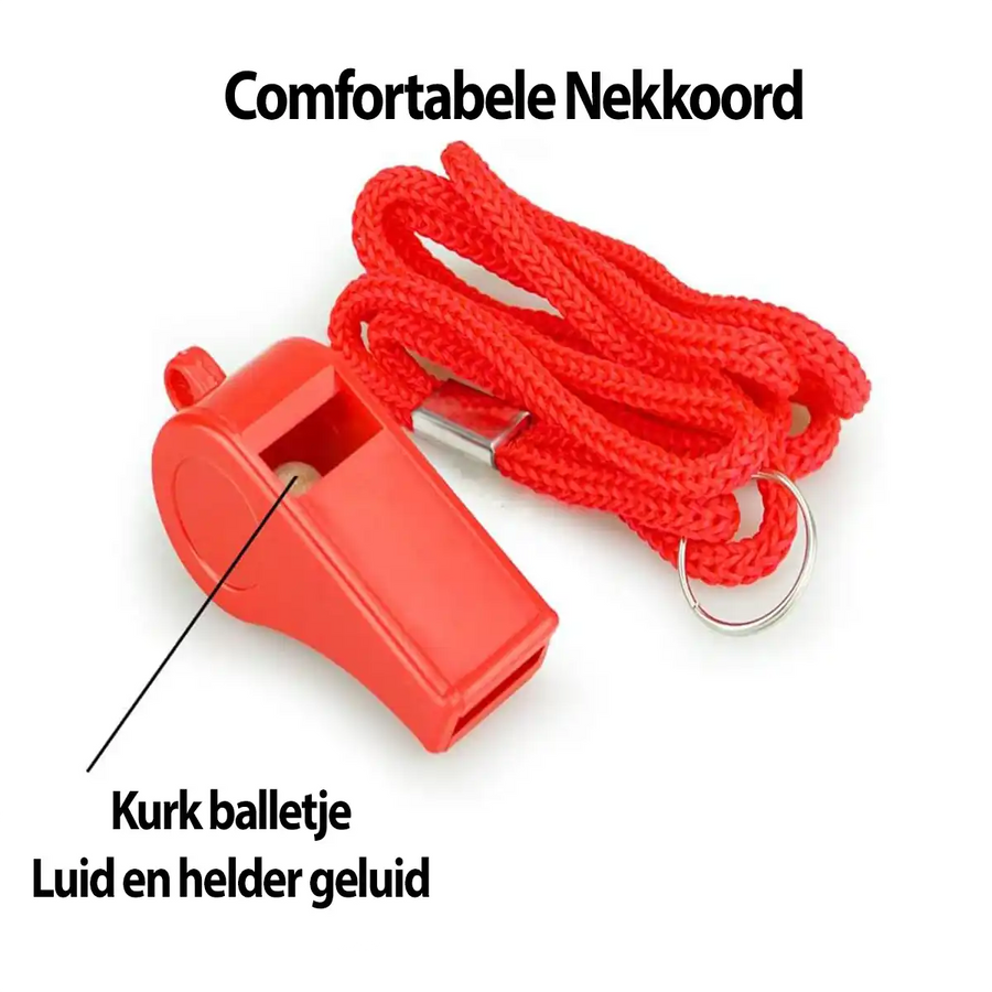 Rood noodfluitje 120dB met nylon lanyard en kurkballetje, luid geluid voor EHBO, prepping en sport