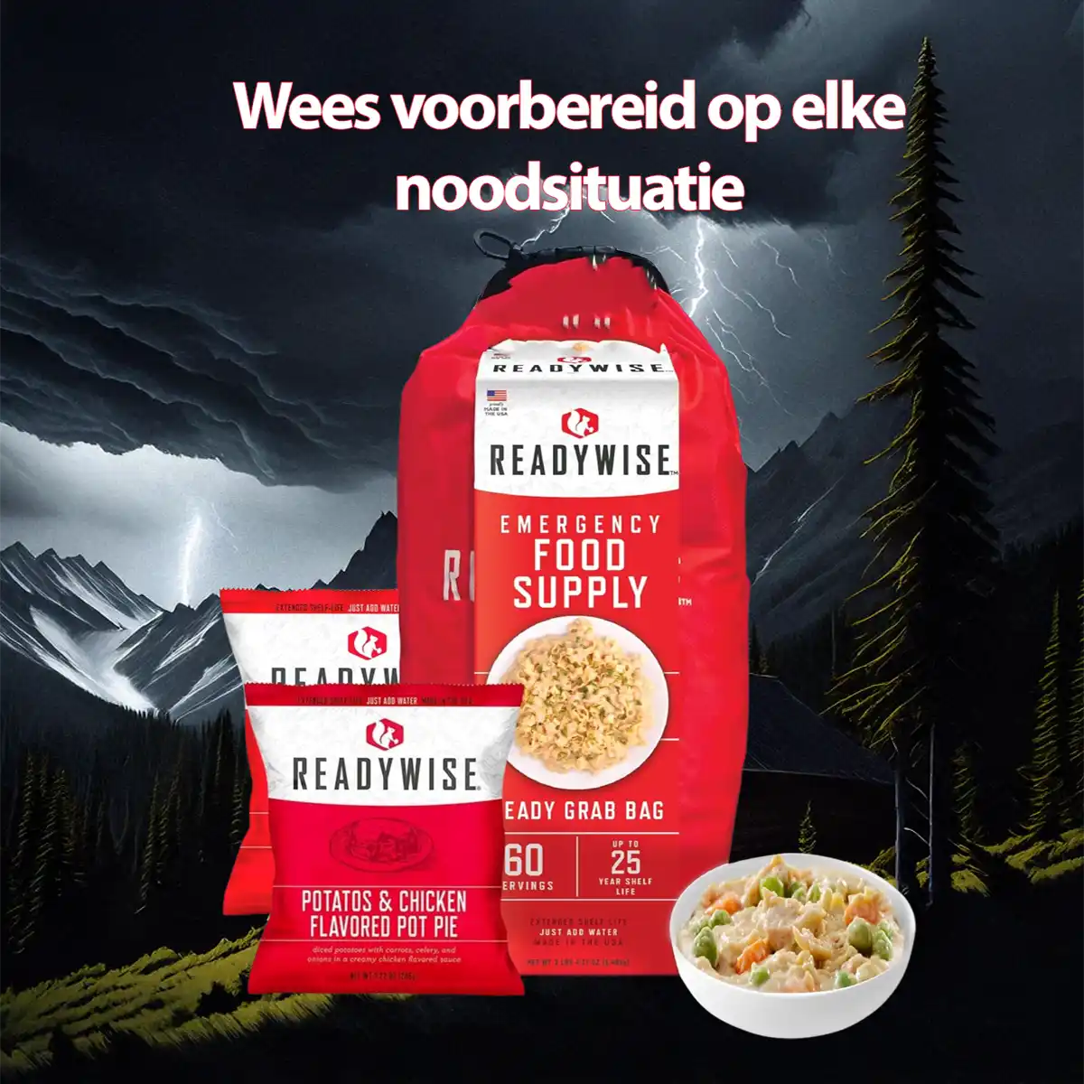 Noodpakket 60 porties gevriesdroogd voedsel met stormachtergrond