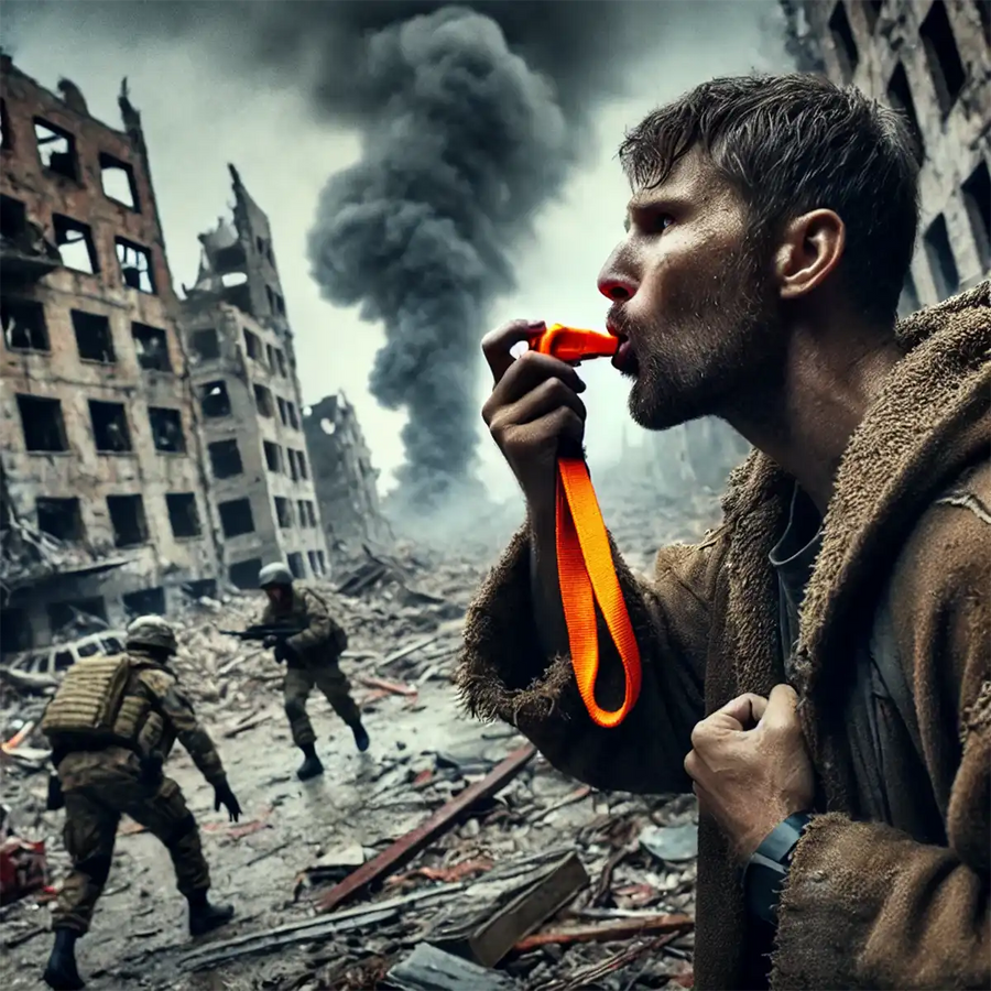 Man blaast op oranje noodfluitje met nekkoord in oorlogsgebied, rook en soldaten op de achtergrond