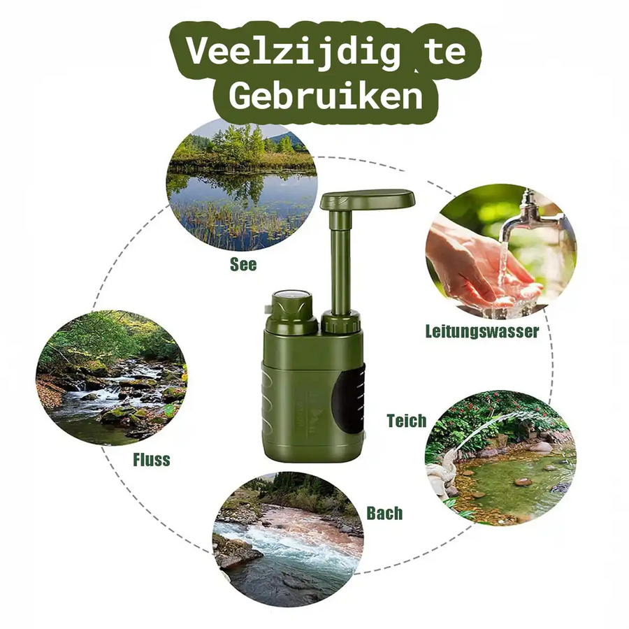 Draagbare waterfilter voor survival, kamperen & nood. Geschikt voor meren, rivieren & kraanwater